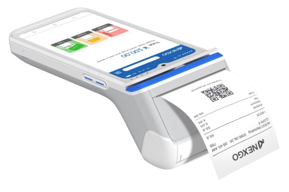 White cashless payment terminal with printed receipt